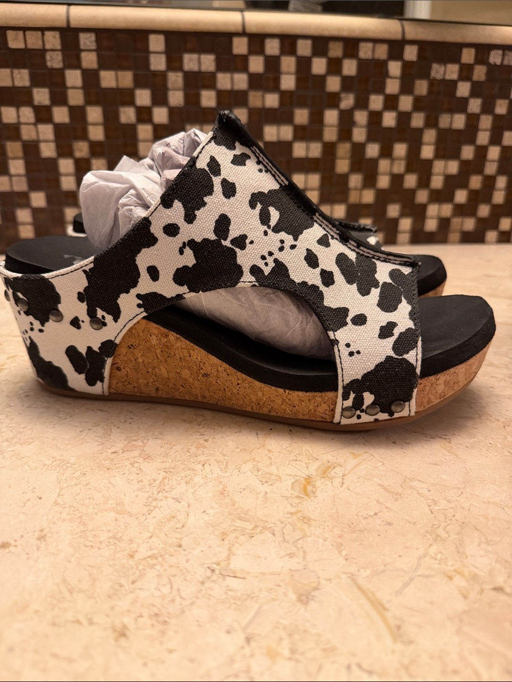 Very G Black & White Cow Print Cork Wedge Sandals